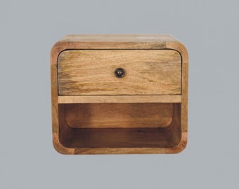 Mini mesita de noche de madera maciza flotante curvada con 1 cajón para montaje en pared, acabado en roble