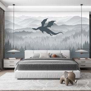 Dragon Wallpaper Black Peel and Stick Toddler Playroom Mountains Landscape Wallpaper Mural  Removable, Forest Wall paper Nursery Adhesive