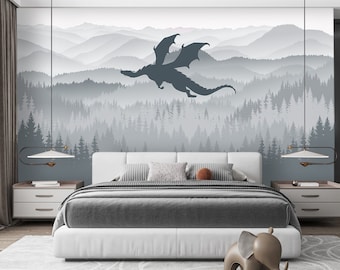 Dragon Wallpaper Black Peel and Stick Toddler Playroom Mountains Landscape Wallpaper Mural  Removable, Forest Wall paper Nursery Adhesive