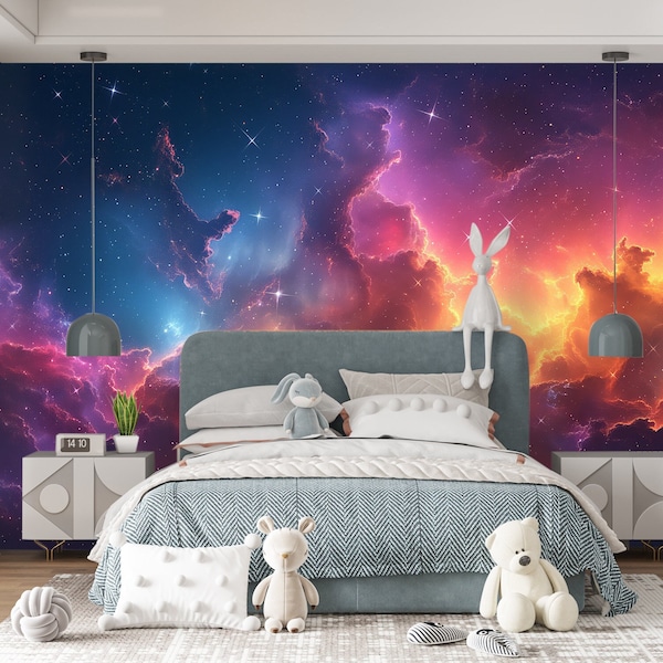 Space Wallpaper Peel and Stick Teen Bedroom Wall paper, Rainbow Galaxy Wallpaper Removable, Dark Outer Space Wall Mural Universe Galaxy Wall