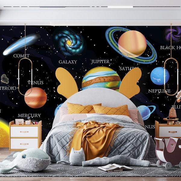 Solar System Wallpaper Peel and Stick Boy Girl Playroom Decor, Planets Wallpaper Removable, Dark Outer Space Wall paper Universe Galaxy Wall