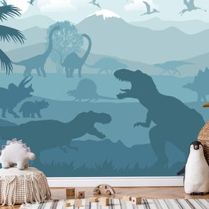 Dark Dino Wallpaper Baby for Boy Nursery Blue, Large Jurassic World Wall Mural Kids Game room Removable, Playroom Wallpaper Adhesive, T-rex