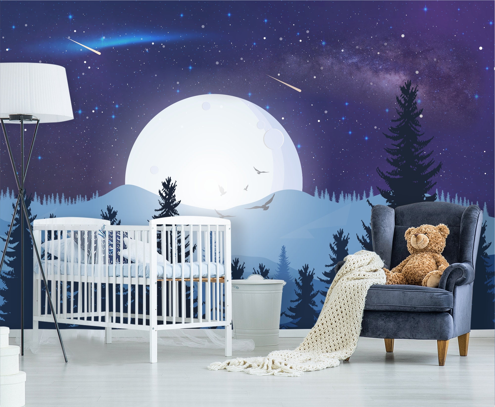 Night Sky with Moon Wallpaper Peel & Stick Dark Blue Mountain | Etsy