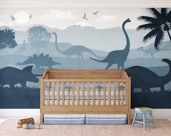 Dark Dinosaur Wallpaper Baby Boy Nursery Removable / Large Jurassic World Wall Mural Kids Bedroom / Playroom Wallpaper Wallcovering