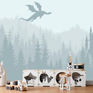 Pastel Grey Forest Wallpaper Kids Nursery Removable, Fairy Dragon Wall Mural Adhesive Peel & Stick, Castle Wallpaper Non-Woven Eco-Friendly