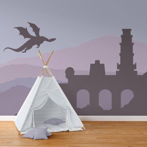 Dragon Wallpaper Peel and Stick Girl Bedroom Purple, Landscape Wallpaper Mural  Removable, Mountain Wall Art Nursery, Adhesive, Non-Woven