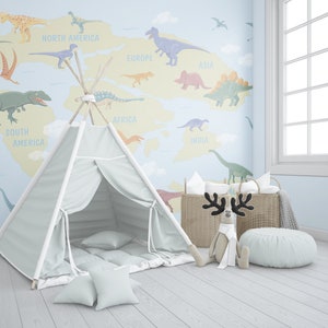 Pastel Dino Wallpaper for Kids Nursery Blue Removable Jurassic World Wall Mural  World Map Wallpaper Playroom Adhesive Peel & Stick Bedroom