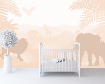 Jungle Animals Wallpaper Mural Nursery  / Ombre Mountain Wall Mural / Safari Wallpaper Bedroom Peel & Stick Removable / Safari Art Adhesive