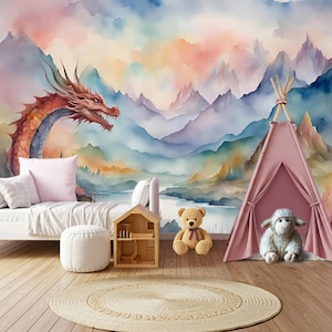 Dragon Wallpaper Peel and Stick Toddler Playroom, Mountain Wallpaper Girl Boy Nursery Decor, Rainbow Wallpaper Landscape Mural Bedroom
