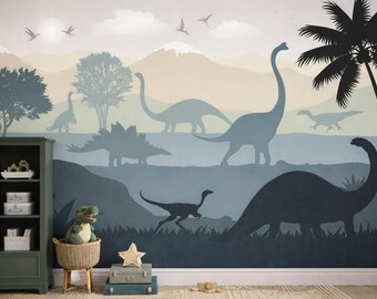 Dark Dinosaur Wallpaper Peel and Stick Toddler Boy Nursery Removable, Jurassic World Mural Removable, Dino Wall paper Playroom Non-Woven