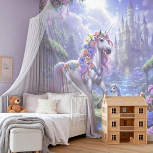 Magical Unicorn Peel and Stick Wallpaper Fantasy Wall Mural Girls Bedroom Pastel Princess Nursery Decor Fairyland Castle Removable Wallpaper