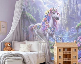 Magical Unicorn Peel and Stick Wallpaper Fantasy Wall Mural Girls Bedroom Pastel Princess Nursery Decor Fairyland Castle Removable Wallpaper