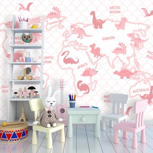 Pink Dinosaur Wallpaper Peel and Stick Girl Nursery, World Map Wallpaper Mural Playroom, Cute Dino Wall Decor Removable Non-Woven Adhesive