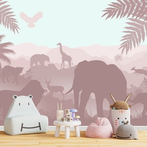 Elephant, Lion Wallpaper for Toddler Girl Nursery Removable, Soft Pastel Pink Safari Animals Wall Mural Adhesive, Elephant Wallpaper Bedroom
