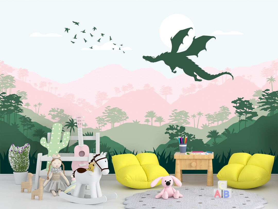 Dragon Wallpaper Peel and Stick Green Pink Playroom, Forest Landscape ...