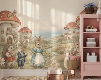 Fairytale Mushroom Village Wallpaper Peel and Stick Nursery Mural with Forest Animals and Storybook Style Decor for Kids Room