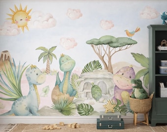 Cute Dino Mural Peel and Stick for Baby Nursery Removable /  Dinosaur Wallpaper Kids Bedroom  Cartoon Wallpaper Eco-Friendly Non-Woven