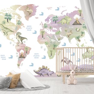 Watercolor Dinosaur World Map Wallpaper for Girl Nursery Removable Jurassic World Wall Mural  Dino Wallpaper Playroom Adhesive Peel & Stick