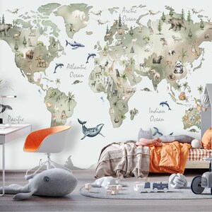 World Map Wallpaper Peel and Stick Boy Girl Nursery, Wild Animals Wall Mural Kids Room Removable Outlander Wall paper Self-Adhesive Playroom