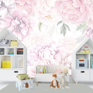 Watercolor Peony Wallpaper, Pink Purple Peonies Bulbs Wall Mural Peel & Stick, Vintage Peony Non Woven Wallpaper Floral Girl Nursery Room