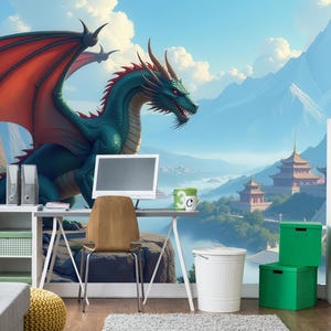 Dragon Wallpaper Peel and Stick Toddler Boy Playroom, Mountain Wall paper Mural Bedroom Removable, Wallpaper Nursery, Adhesive