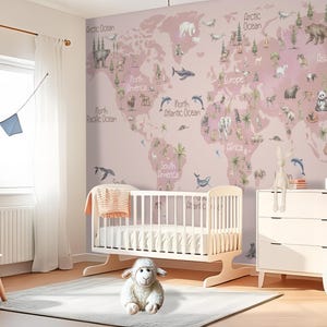 Pink World Map Wallpaper Peel and Stick Girl Nursery, Wild Animals Wall Mural Bedroom Removable Outlander Wall paper Self-Adhesive Playroom