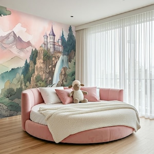 Magic Kingdom Princess Castle Wallpaper Peel and Stick Nursery Mountain Wallpaper Kids Room Removable Soft Pink Wall Paper Mural Playroom
