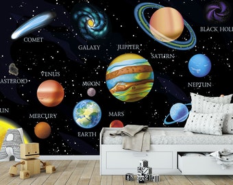 Dark Space Wallcovering for Boys Nursery, Sun Moon Stars Comets Wallpaper Removable, Planets Wall Mural Solar System Peel & Stick