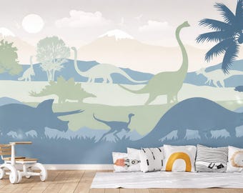 Dinosaur Wallpaper Mural for Boy Nursery Removable / Large Jurassic World Wall Mural Kids Bedroom Wallpaper with Mountain Non-Woven