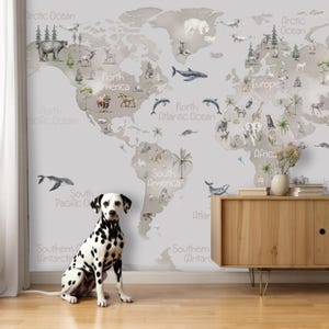 Grey World Map Wallpaper Peel and Stick Boy Playroom, Wild Animals Wall Mural Bedroom Removable Outlander Wall paper Self-Adhesive Kids Room