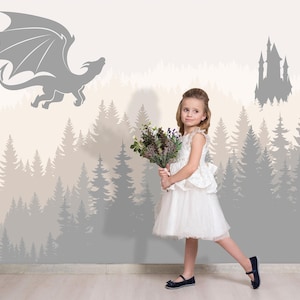 Beige Dragon Wallpaper Peel and Stick Toddler Playroom, Forest Wallpaper Girl Boy Nursery Decor, Mountain Wallpaper Landscape Mural Bedroom