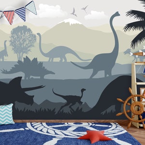 Dark Dinosaur Wallpaper Baby Boy Nursery Removable / Large Jurassic World Wall Mural Kids Bedroom / Playroom Wallpaper
