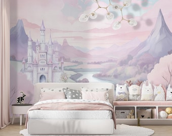 May include: A wall mural featuring a fantasy castle landscape in shades of pink and purple, positioned behind a bed with white bedding, polka dot pillows, and a storage bench filled with various animal-shaped plush toys and small storage bins.