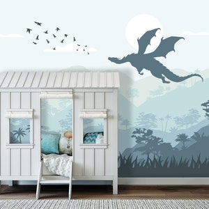 Green Ombre Watercolor Mountain Wallpaper Mural Kids Room Removable, Fairy Dragon Wall Mural Peel and Stick, Adhesive Non-Woven image 3