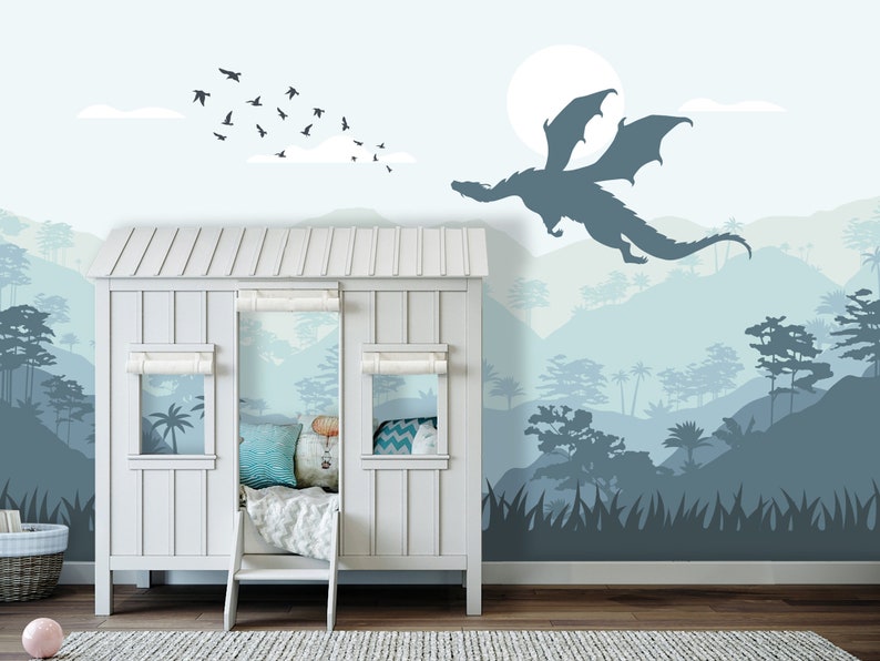 Green Ombre Watercolor Mountain Wallpaper Mural Kids Room Removable, Fairy Dragon Wall Mural Peel and Stick, Adhesive Non-Woven image 3