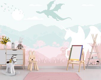 Dragon Wallpaper Peel and Stick Pink Toddler Playroom Mountains Landscape Wallpaper Mural  Removable, Forest Wallpaper Girl Nursery Adhesive