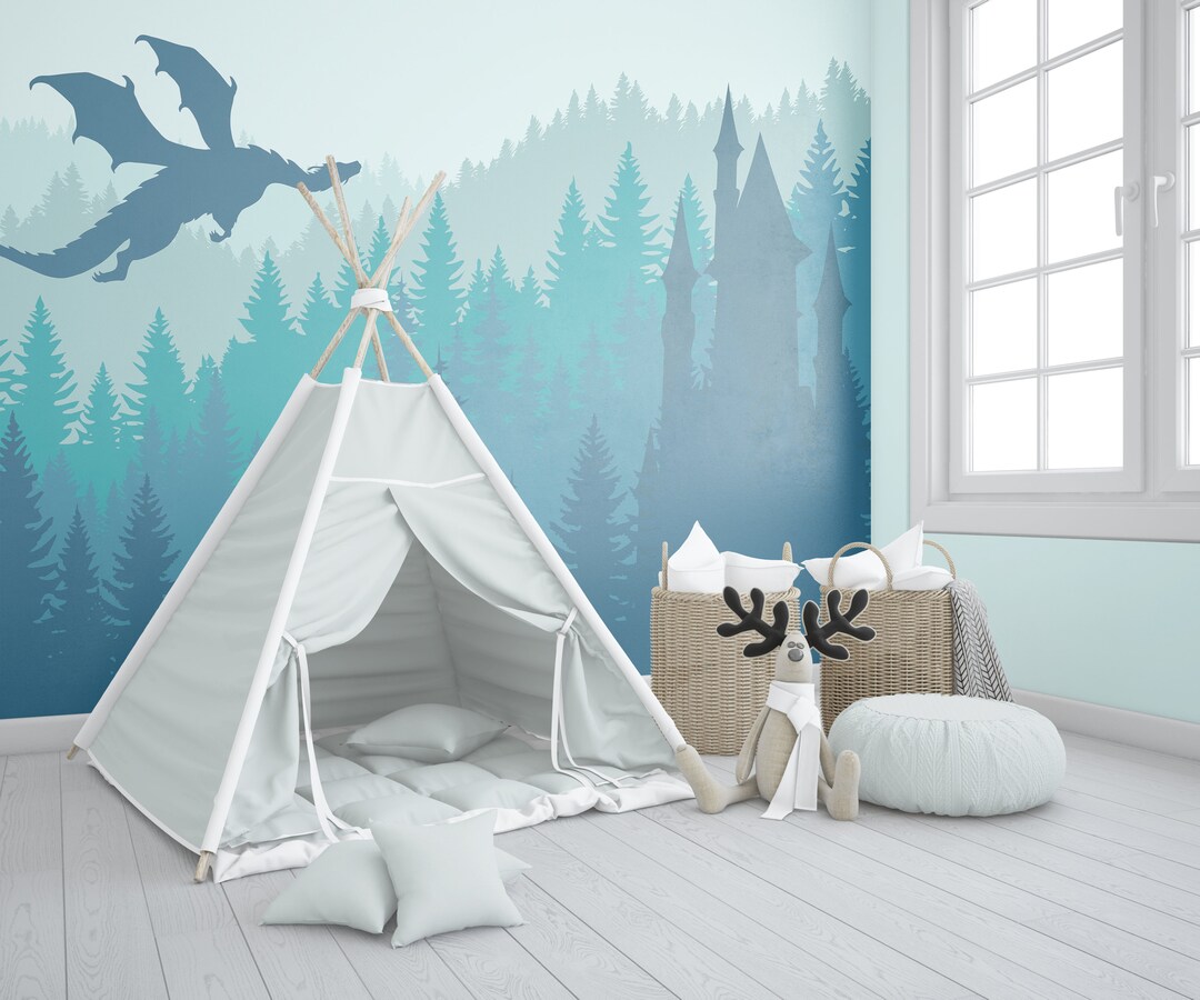 Pastel Green Forest Wallpaper Kids Nursery Removable, Fairy Dragon Wall ...