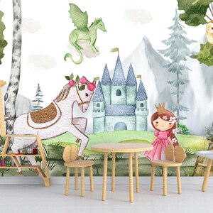 Dragon Wallpaper Peel and Stick Girl, Landscape Wallpaper Mural, Castle Wall paper Nursery, Playroom Wallpaper Tree Accent Decor Removable