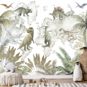 Dinosaurs World Map Wallpaper for Boy Nursery Removable, Jurassic World Wall Mural Adhesive, Kids Playroom,  Peel & Stick Wallcovering