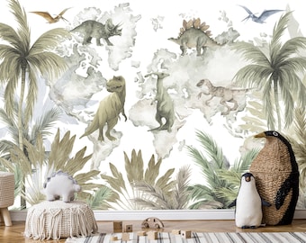 Dinosaurs World Map Wallpaper for Boy Nursery Removable, Jurassic World Wall Mural Adhesive, Kids Playroom,  Peel & Stick Wallcovering