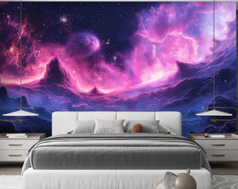 Space Wallpaper Peel and Stick Bedroom Wall Decor, Galaxy Wallpaper Kids Nursery Removable, Dark Outer Space Wall paper Universe Wall Woven