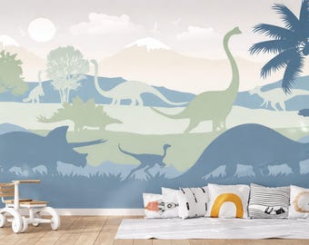 Dinosaur Wallpaper Mural for Boy Nursery Removable / Large Jurassic World Wall Mural Kids Bedroom Wallpaper with Mountain Non-Woven