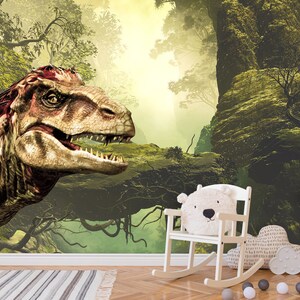 Dinosaur Wallpaper for Kids Playroom Removable, T-Rex Wall Mural Adhesive, Jurassic World Wallpaper Non-Woven,  Eco-Friendly Peel & Stick