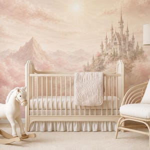 Pink Princess Castle Peel and Stick Wallpaper, Non Woven Fairytale Wall Mural, Fantasy Watercolor Nursery Decor, Baby Girl Bedroom