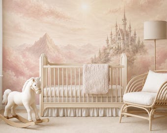 Pink Princess Castle Peel and Stick Wallpaper, Non Woven Fairytale Wall Mural, Fantasy Watercolor Nursery Decor, Baby Girl Bedroom