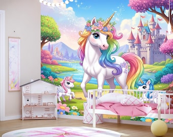 Mane Unicorn Peel and Stick Wallpaper for Nursery Rainbow Princess Castle Wall Mural Magical Baby Girl Room Decor Removable Fantasy Bedroom