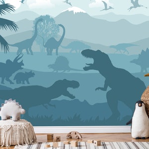 Dark Dino Wallpaper Baby for Boy Nursery Blue, Large Jurassic World Wall Mural Kids Game room Removable, Playroom Wallpaper Adhesive, T-rex