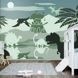 Dark Dinosaur Wallpaper for Toddler Boy Nursery, Large Jurassic World Wall Mural Removable Kids Bedroom, Playroom Wallpaper Mountain Decor