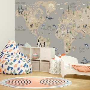 World Map Wallpaper Peel and Stick Boy Girl Nursery Grey Wild Animals Wall Mural Bedroom Removable Outlander Wall paper Adhesive Playroom