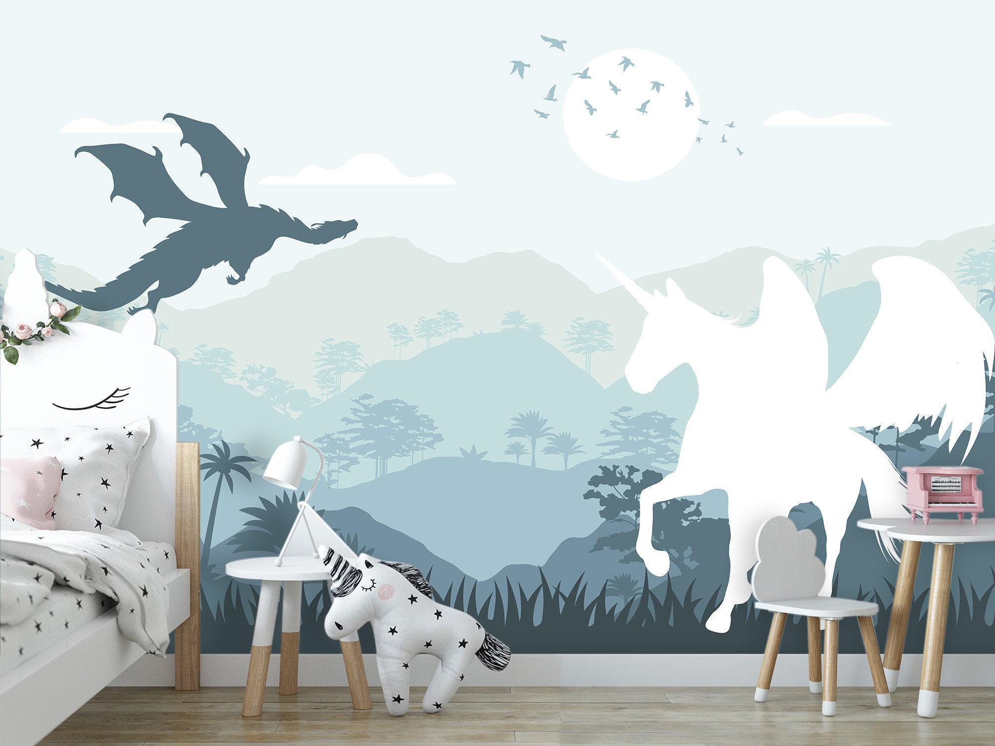 Unicorn & Fairy Dragon Wallpaper Kids Room, Blue Ombre Watercolor Mountain Wall Mural Peel and Stick, Pine Tree Forest Fleece Wall Paper EM1